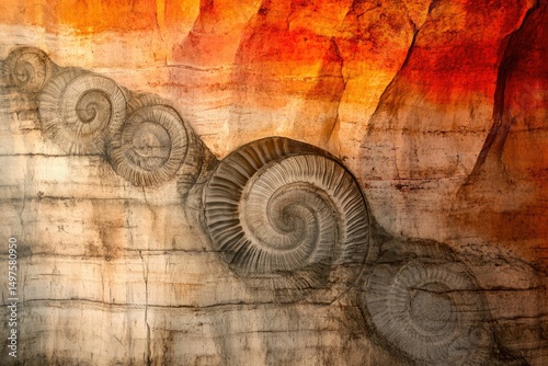 Ammonite fossils embedded in ancient, layered rock; a testament to prehistoric life and geological time.