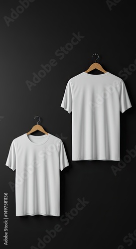 Blank Tee Mockup: A minimalist studio shot of two white T-shirts hanging on wooden hangers against a dark backdrop, emphasizing the blank canvas for design, ideal for showcasing apparel.