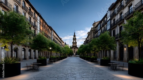 A scenic street view with a majestic clock tower standing tall in the city background