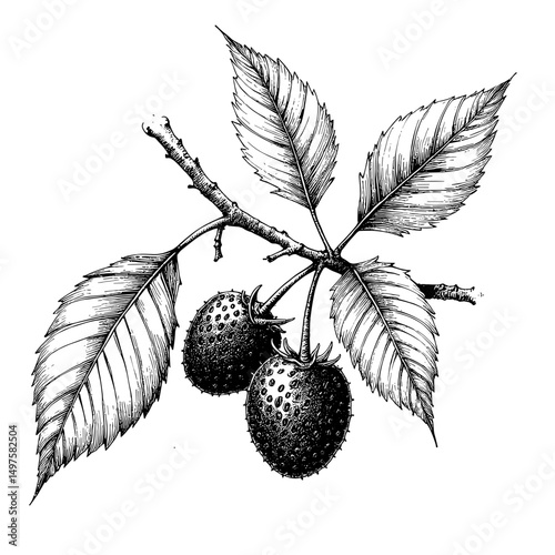 Black ink vintage sketch of single maqui berry and leaves  