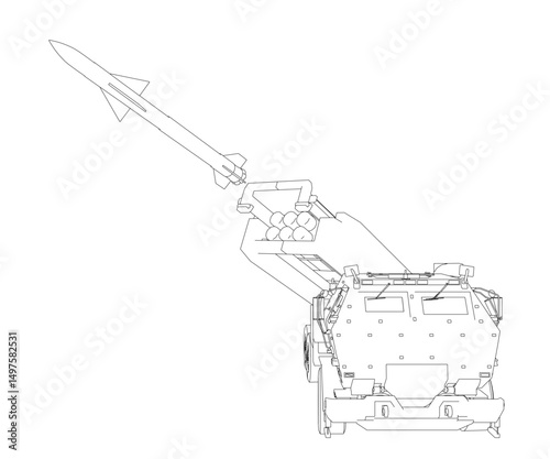 A rocket is launched from a truck. The rocket is in the air and the truck is on the ground