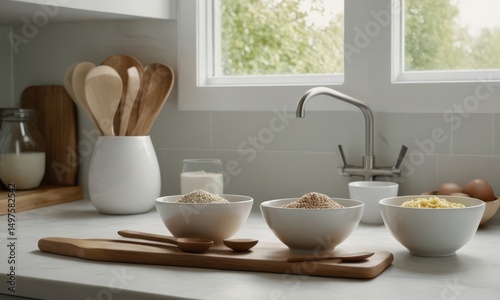 Wallpaper Mural Morning kitchen scene with healthy breakfast preparation and sunlight coming from the window casting light onto the food Torontodigital.ca