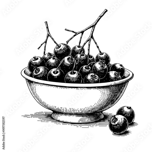 Black ink vintage sketch of berries in a ceramic dish filled with maqui berries  