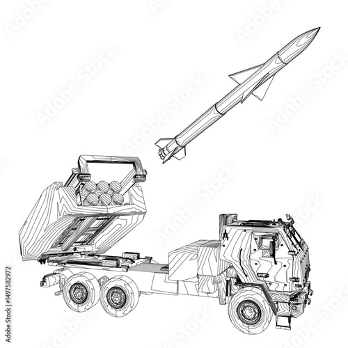 A rocket is launched from a truck. The rocket is in the air and the truck is on the ground
