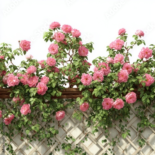 Beautiful Lattice Fence with Climbing Pink Roses in Full Bloom