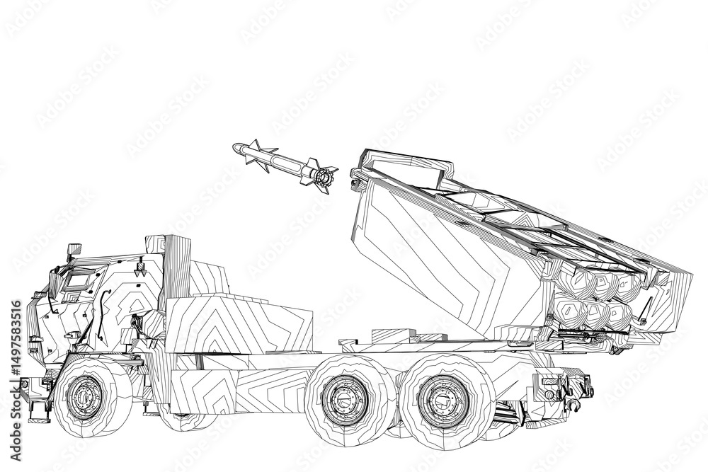 Naklejka premium A large truck with a rocket on top of it. The rocket is in the middle of the truck and is pointing upwards. The truck is black and white