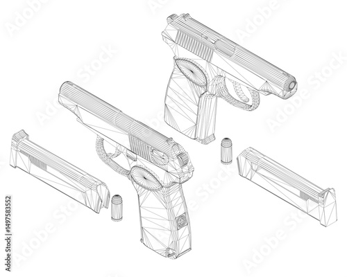 Two guns are shown with their magazines removed. The guns are black and the magazines. Isometric view. 3D