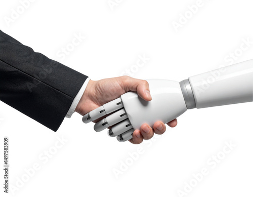 Human hand shakes a robotic hand, symbolizing collaboration