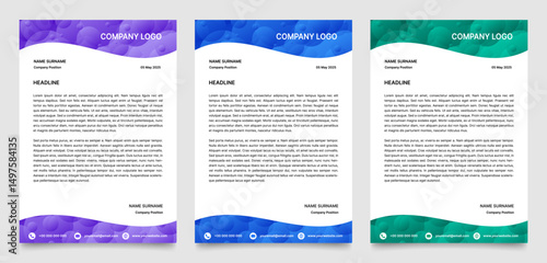 Set of Letterhead templates. Cover letter, corporate mail, newsletter. Business template, A4 format ready to print. Gradient banners in teal, purple and blue tones with bubble design