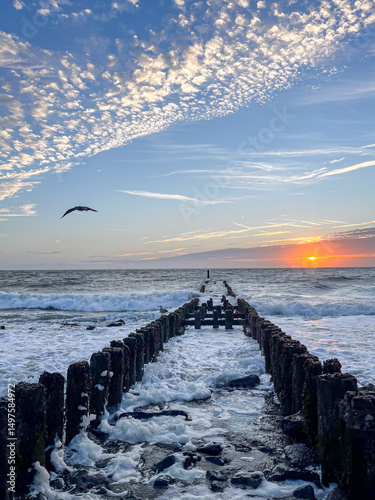 View of the sunset on the Dutch North Sea near Westkapelle in late summer