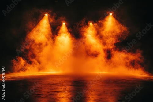 Stage lights beam through orange smoke on a dark, reflective surface. Use this for concerts, Halloween, or dramatic lighting concepts.