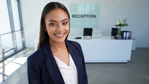 Smiling Professional Woman Posing in Modern Office Reception Area