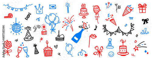 Happy Independence Day 4th of July vector doodle illustrations. Party holiday United States of America firecrackers, cupcake, cakes, balloons collection.
