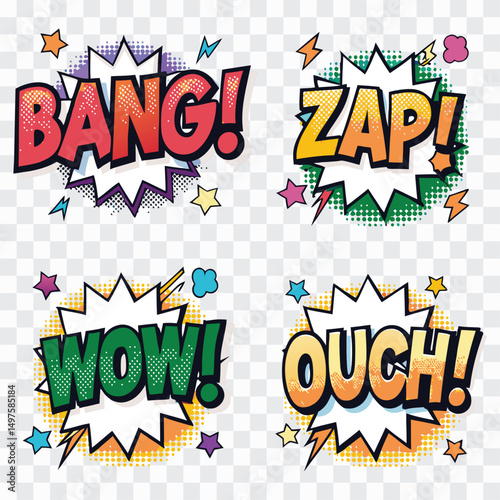 Pop Art Expressions Icon PNG | POW, ZAP, OMG, BANG, OUCH, WOW Comic Speech Bubble Set