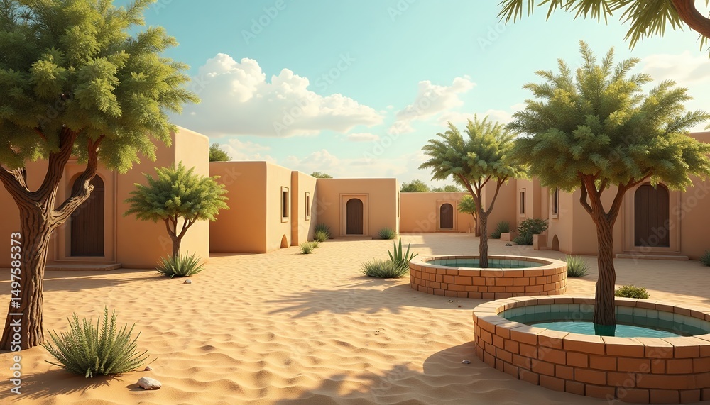 Fototapeta premium Desert Courtyard with Trees and Buildings