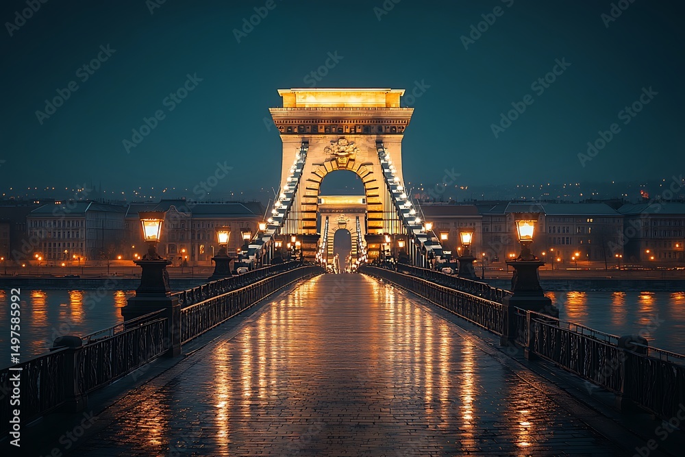 Naklejka premium Illuminated chain bridge in budapest at dusk reflections on wet pavement night scenery