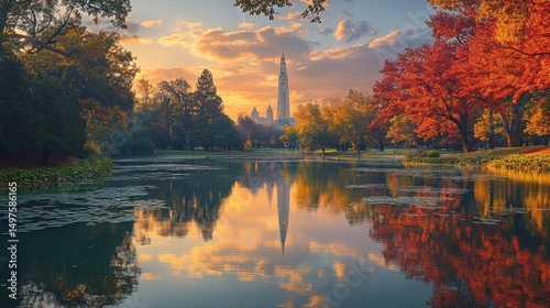 Park Pond Reflecting Building and Autumnal Trees.