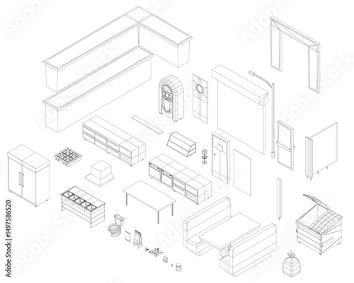 A drawing of a room with a couch, table, and chairs. The couch is missing a cushion. Isometric view. 3D