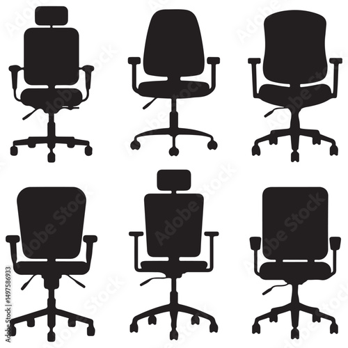 Different Black Silhouettes of Office Chairs, Black Silhouettes of Modern Office Chairs, Silhouettes of Office Chairs in Different Views