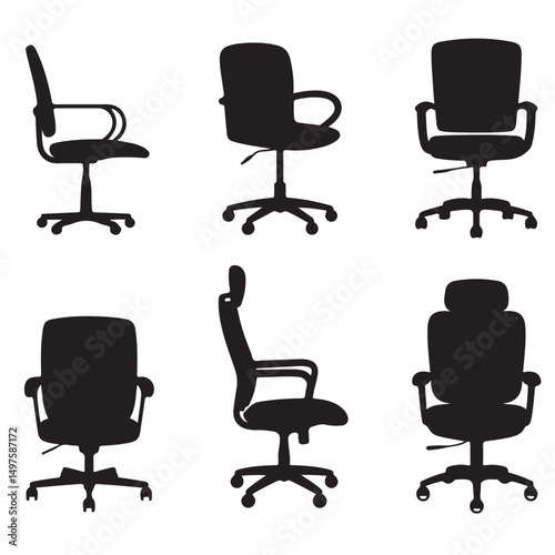 Different Black Silhouettes of Office Chairs, Black Silhouettes of Modern Office Chairs, Silhouettes of Office Chairs in Different Views