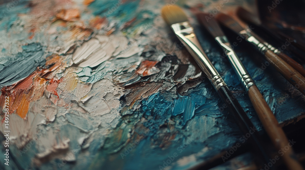 Artist’s palette and brushes representing a calming and therapeutic painting hobby Artist’s palette and brushes representing a calming and therapeutic painting hobby