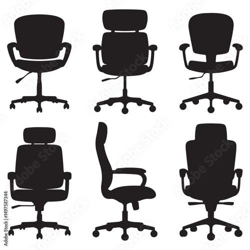 Different Black Silhouettes of Office Chairs, Black Silhouettes of Modern Office Chairs, Silhouettes of Office Chairs in Different Views