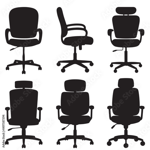 Different Black Silhouettes of Office Chairs, Black Silhouettes of Modern Office Chairs, Silhouettes of Office Chairs in Different Views