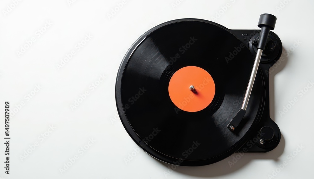 Fototapeta premium Turntable vinyl record player on white, top-down view, player, record, entertainment
