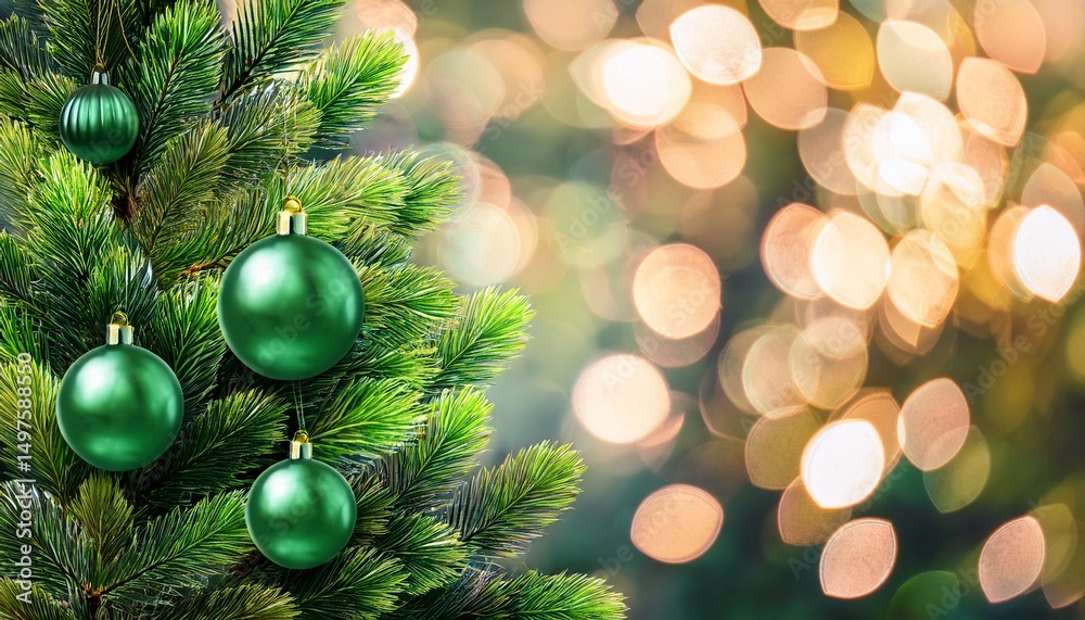 Obraz premium decorated xmas spruce tree with christmas red ornaments on green background with lights merry christmas card winter holiday festive theme happy new year