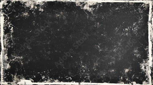 Black grunge overlay texture background design. Dust and wall grime blend into distressed layout. Dark scratched visual with old film effect on charcoal base.