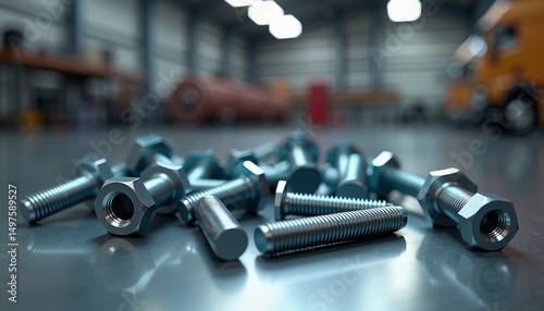 Miscellaneous metal bolts scattered on industrial floor in warehouse  