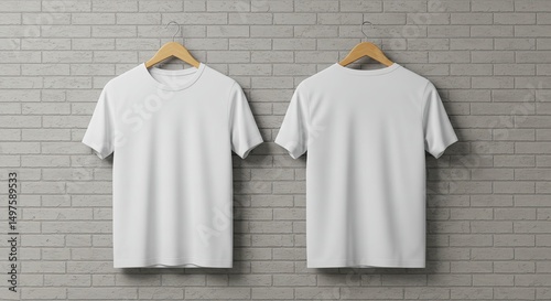 Classic T-Shirt Mockup: Front and Back. This versatile mockup showcases a blank, pristine white t-shirt, front and back, hanging against a subtle textured brick wall.