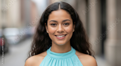 Smiling Young Woman with Long Hair Walking Down the Street