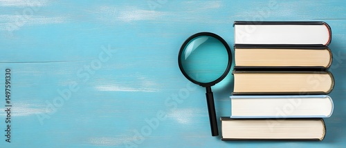 Stack of Books with Magnifying Glass on Blue Wooden Table