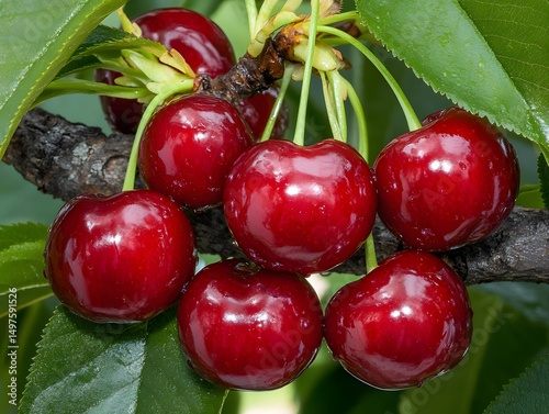 Juicy Red Cherries on Branch, Fresh Fruit, Summer Harvest
