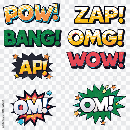 Pop Art Expressions Icon PNG | POW, ZAP, OMG, BANG, OUCH, WOW Comic Speech Bubble Set