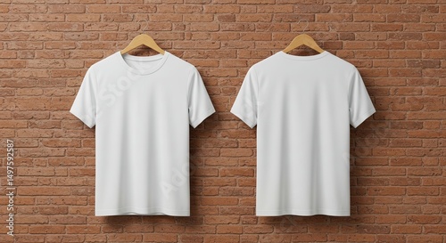 White T-shirt Mockup: A front and back view of a blank, crisp white t-shirt hanging against a textured brick wall, perfect for showcasing designs.