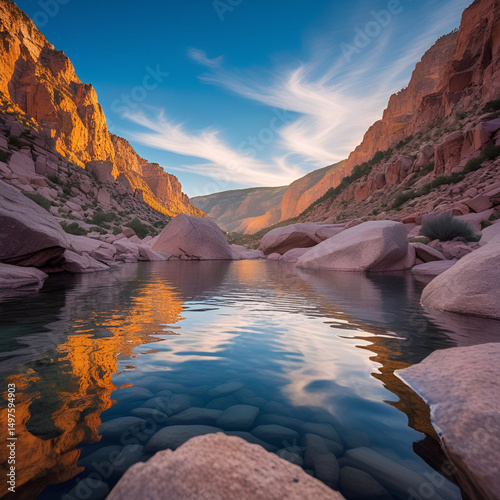 A stunning mountain canyon, adorned with rocks and crystal-clear water.