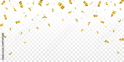 Falling gold confetti isolated on a transparent background for celebrations and holiday. golden confetti falling with empty space background for celebrations or party themes. Bright festive tinsel