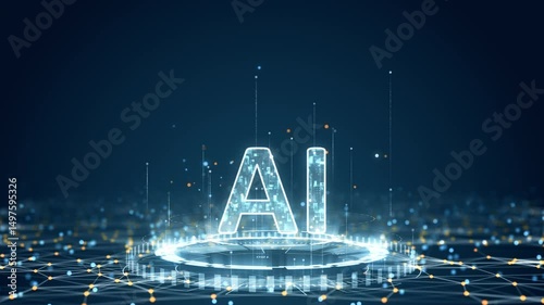 Motion graphic of  AI letters glowing with holographic tech elements and digital effects