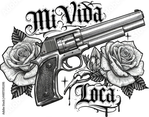 Gray-Scale Revolver Tattoo Design with Roses and 'Mi Vida Loca' Script