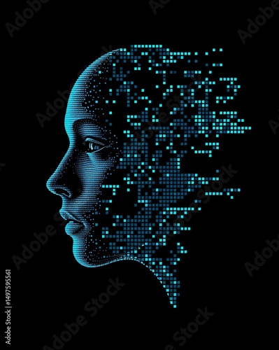 A futuristic side profile of a human face formed from digital fragments and glowing blue pixels, symbolizing artificial intelligence, data, and technological evolution