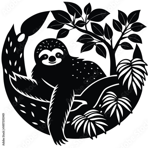 Serene Sloth in Rainforest Black and White Illustration