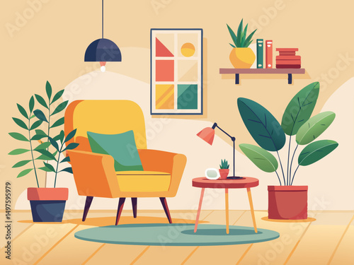 Flat Design of Cozy Interior Featuring Relaxed Person, Framed Art, and Natural Warm Tones