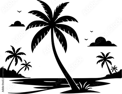 vector illustration of coconut tree silhouette on the beach, isolated on white