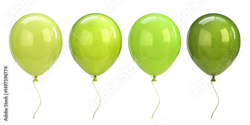 Glossy lime green helium balloons in soft neon tones – bright green latex balloon collection on white for celebration design on transparent background