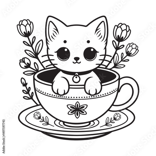 cute cat in teacup coloring page for children