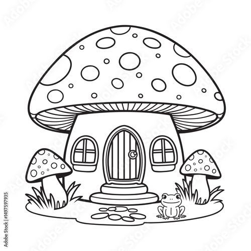 mushroom house with frog coloring page for kids
