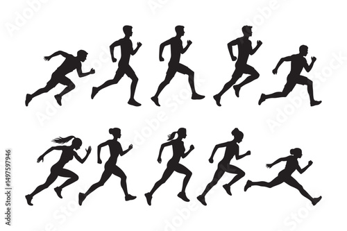 Running Men and Women Silhouette Vector Set
