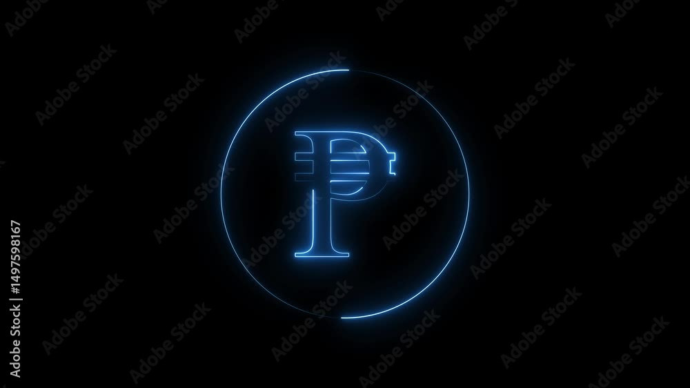 Glowing Neon light Philippine Peso Symbol animation on black background. Business and finance conceptual neon light Peso icon with circle animation